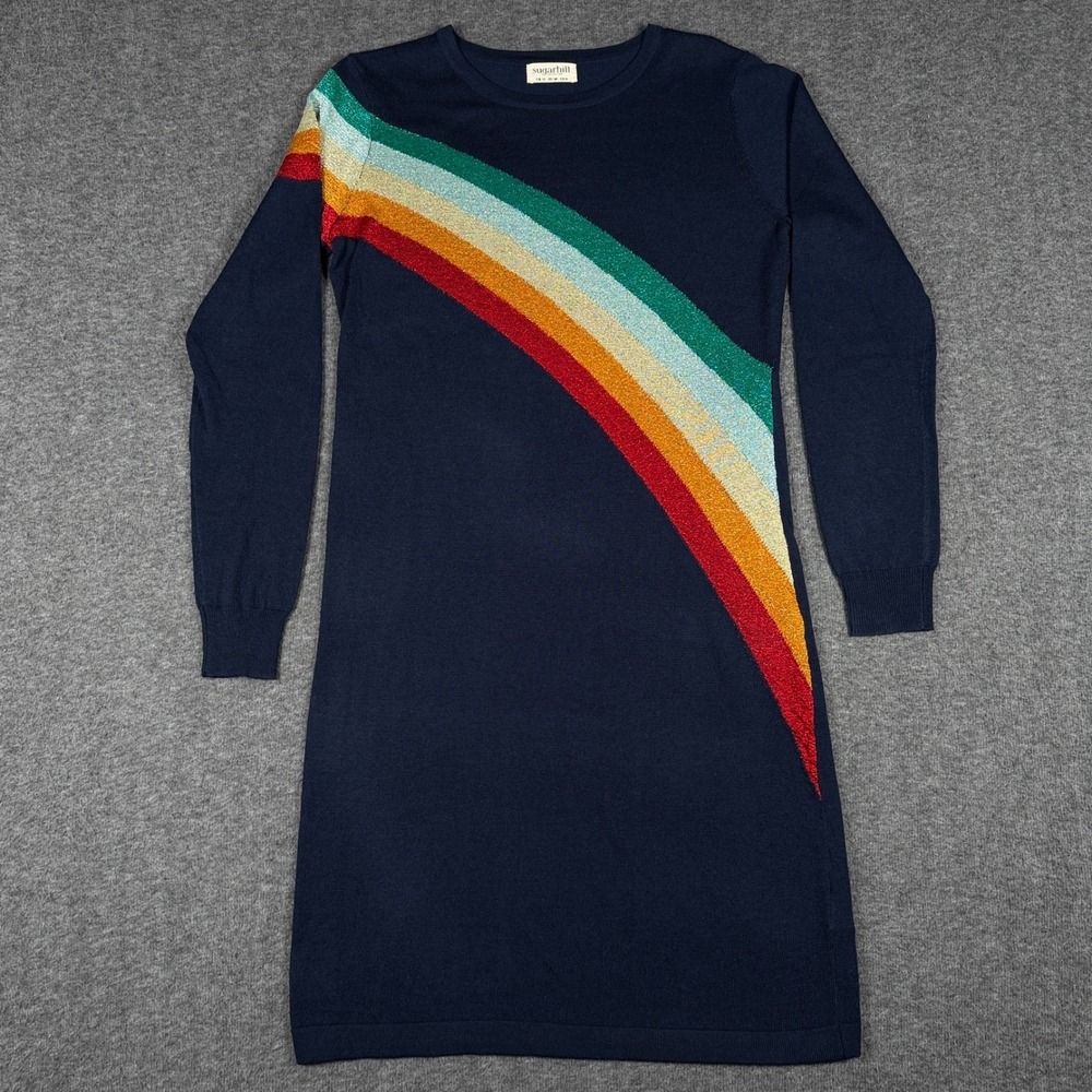 Sugarhill Brighton Sweater Dress Womens US 8 Blue Rainbow Glitter Long Sleeve